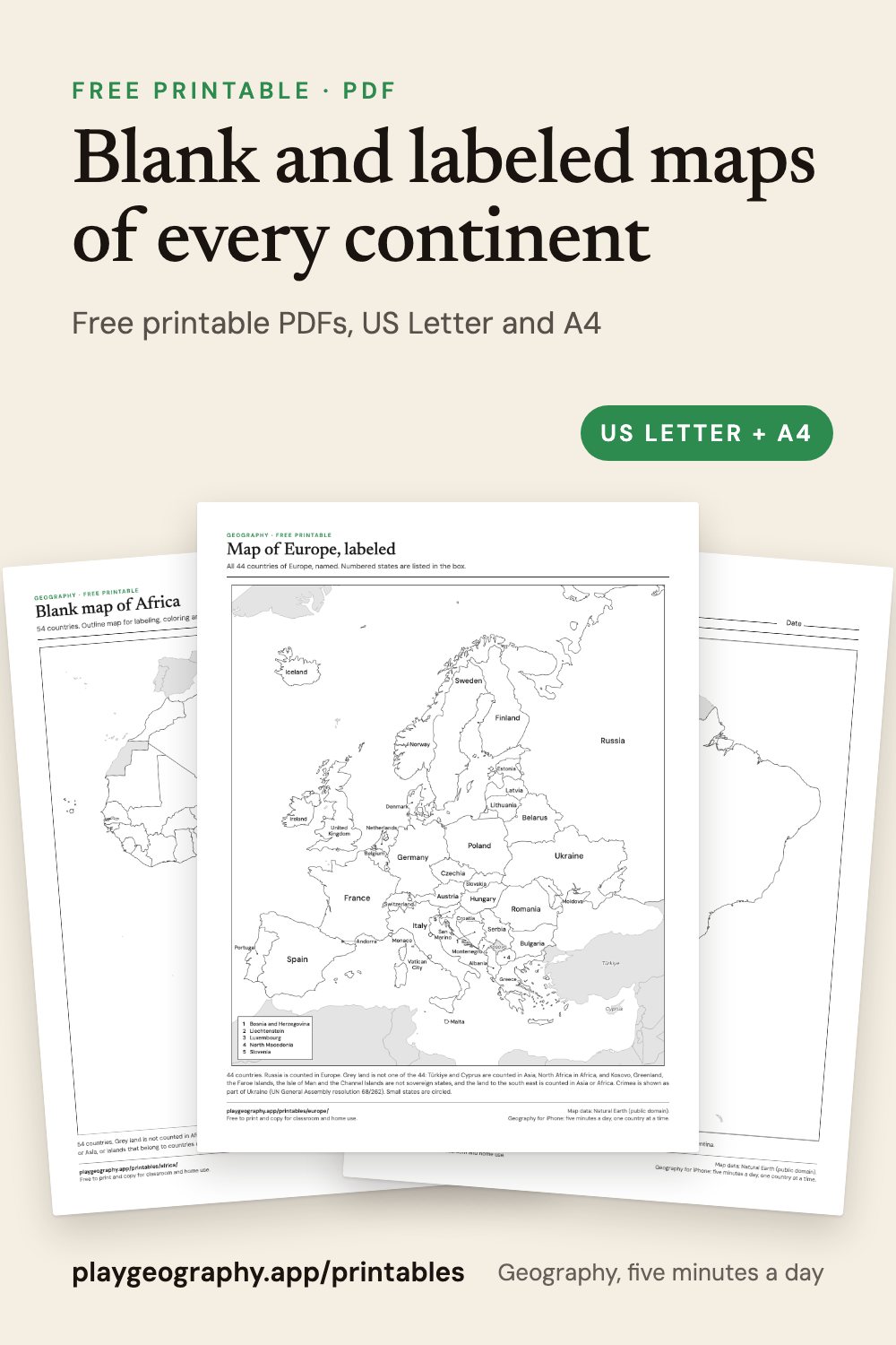 Blank and labeled maps of every continent: preview of the printable sheets