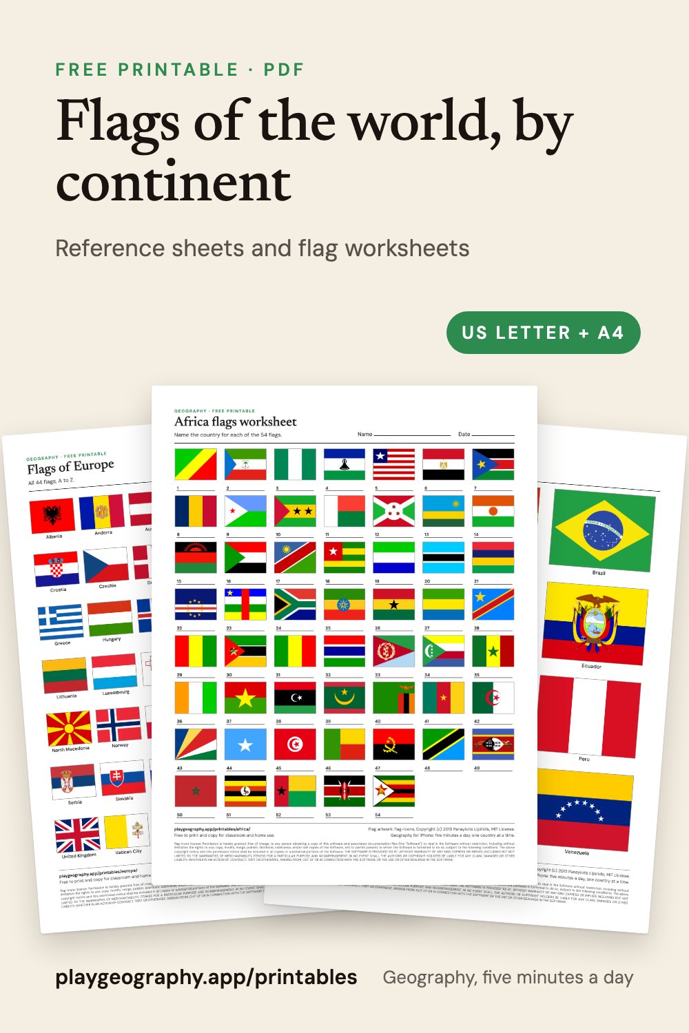 Flags of the world, by continent: preview of the printable sheets