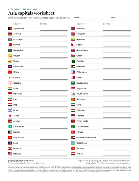 Preview of the Asia capitals worksheet sheet