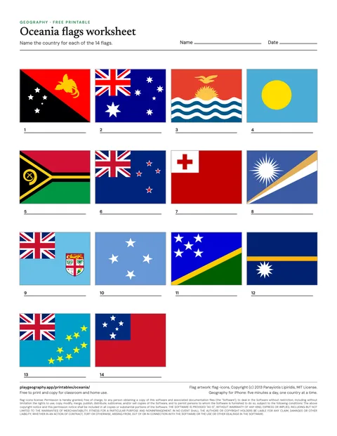 Preview of the Oceania flags worksheet sheet