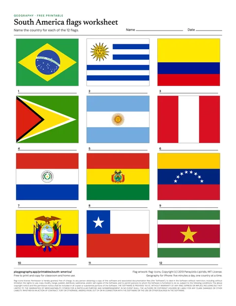 Preview of the South America flags worksheet sheet