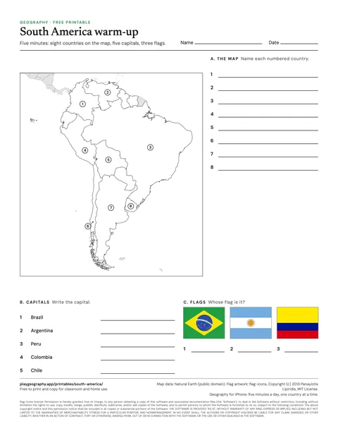 Preview of the South America five minute warm-up sheet